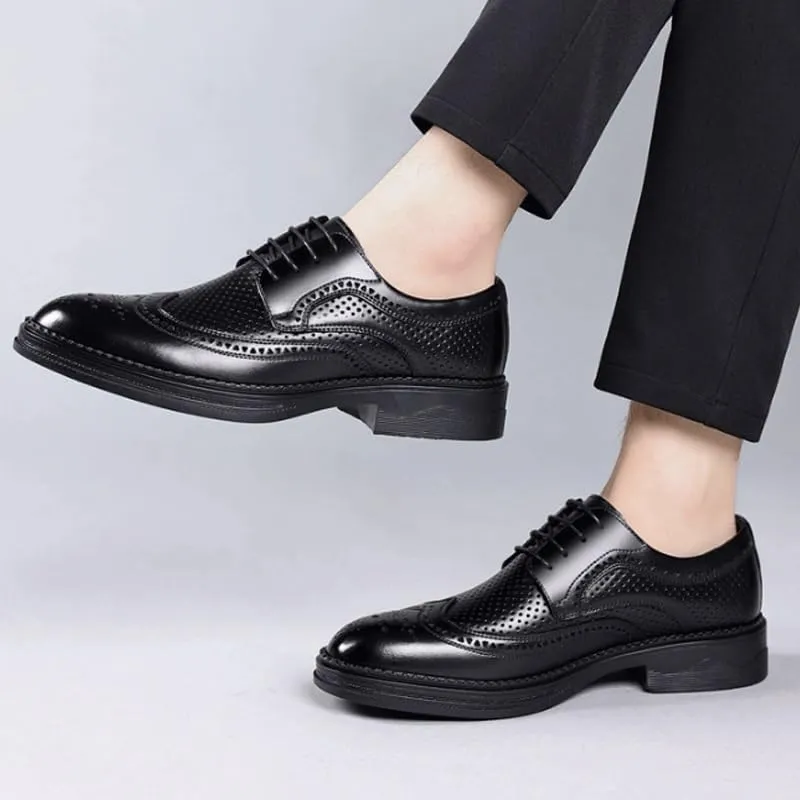 Contemporary Pointed-Toe Leather Derby Shoes for Men - Summer-Ready Lace-Up Design with Memory Foam Footbed & Flexible TPR Outsole, Perfect for Smart Casual Attire