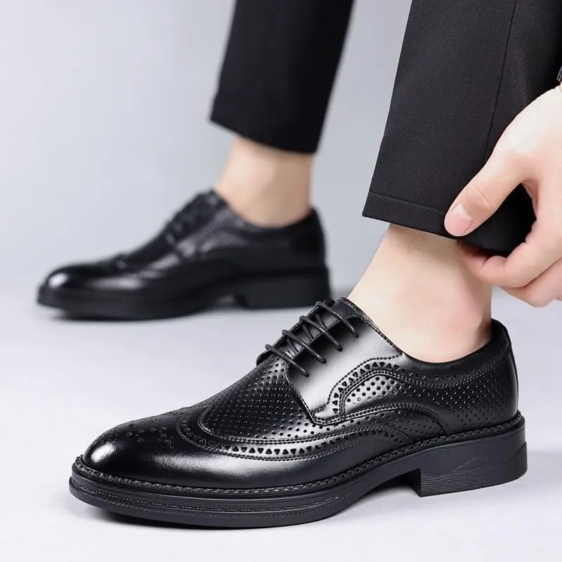 Contemporary Pointed-Toe Leather Derby Shoes for Men - Summer-Ready Lace-Up Design with Memory Foam Footbed & Flexible TPR Outsole, Perfect for Smart Casual Attire
