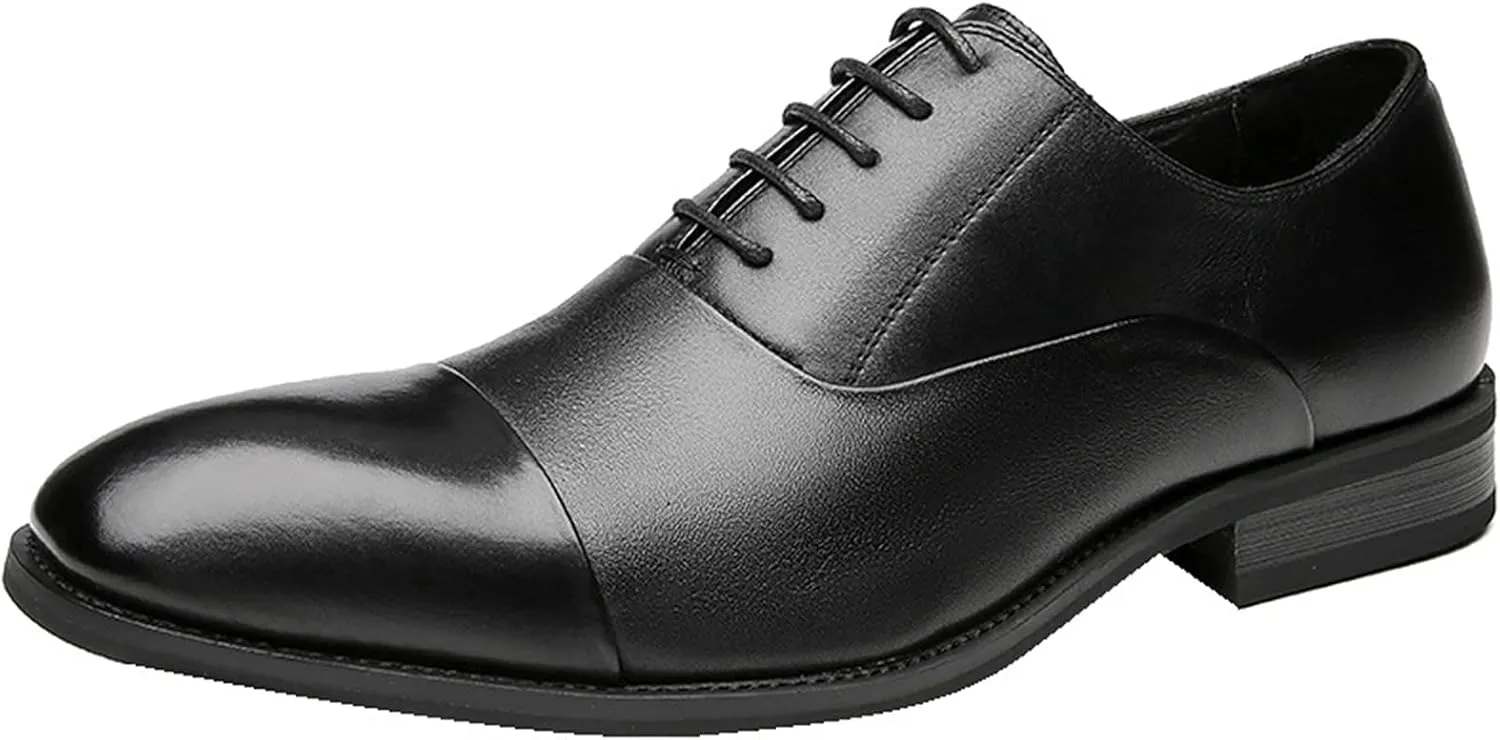 Dress Shoes for Men Lace Up Cap Toe Breathable Round Toe Genuine Leather Rubber Sole Anti-Slip Non Slip Block Heel Party
