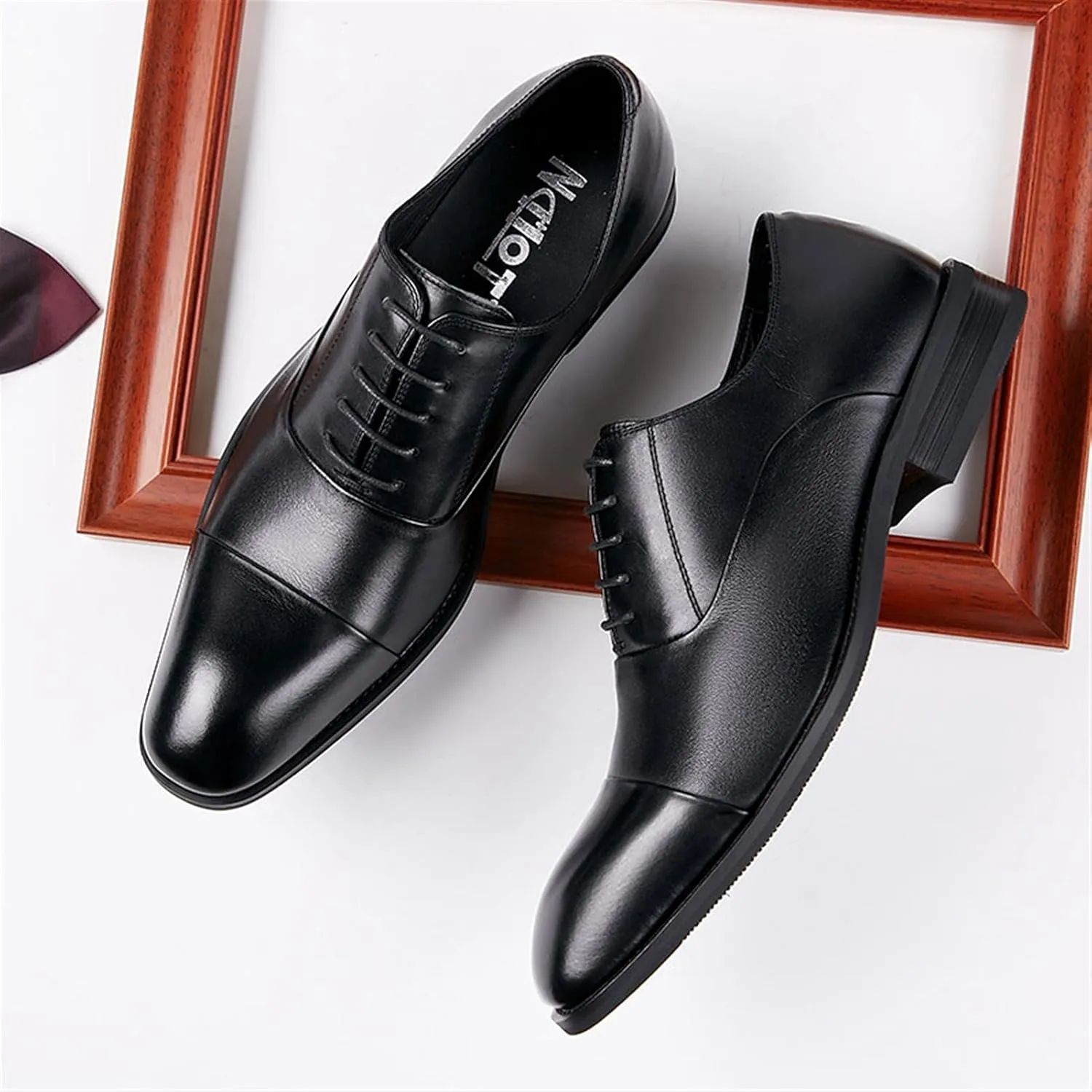 Dress Shoes for Men Lace Up Cap Toe Breathable Round Toe Genuine Leather Rubber Sole Anti-Slip Non Slip Block Heel Party