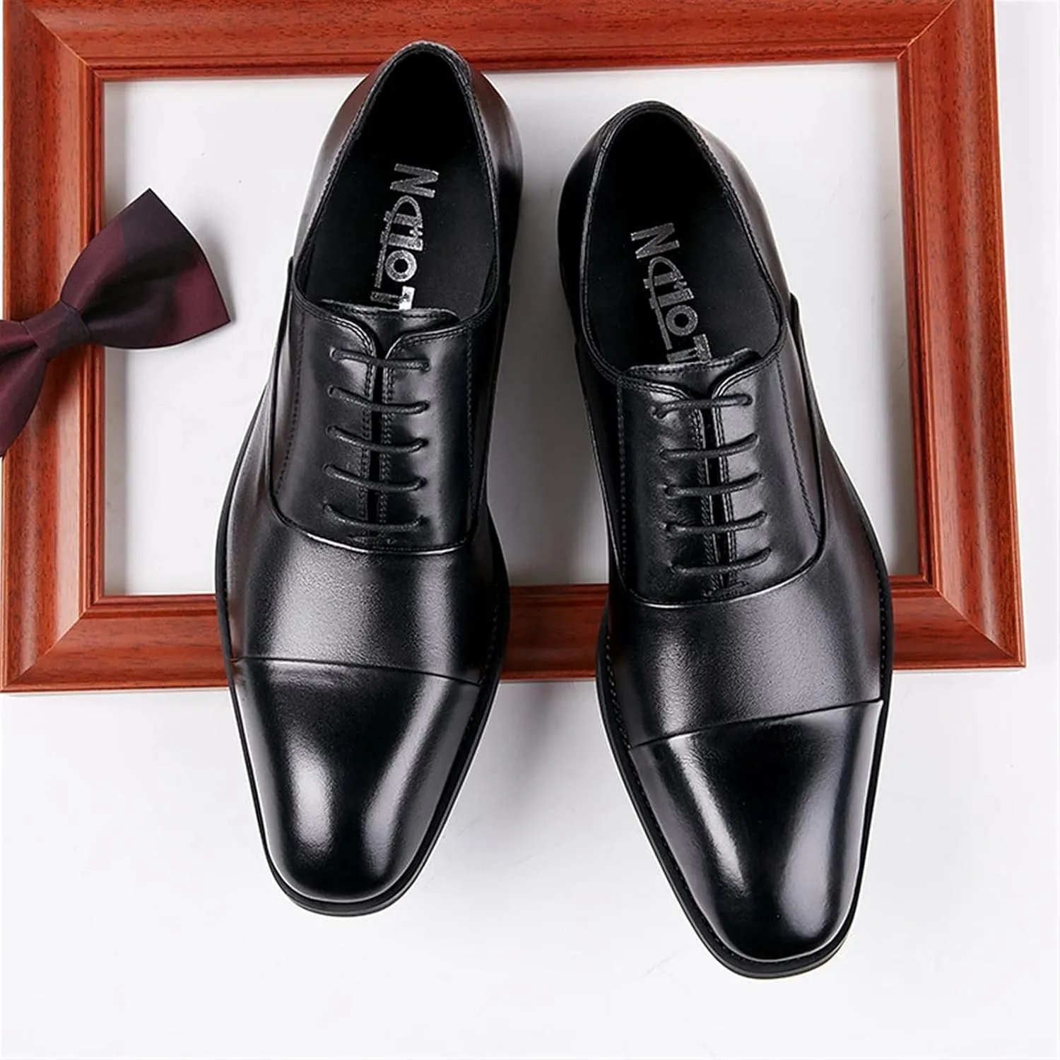 Dress Shoes for Men Lace Up Cap Toe Breathable Round Toe Genuine Leather Rubber Sole Anti-Slip Non Slip Block Heel Party