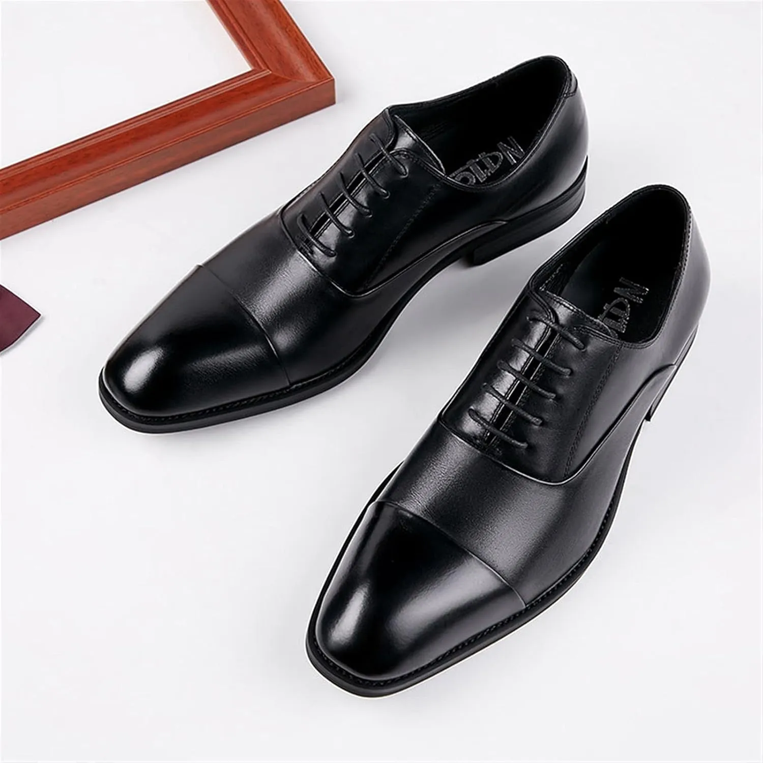 Dress Shoes for Men Lace Up Cap Toe Breathable Round Toe Genuine Leather Rubber Sole Anti-Slip Non Slip Block Heel Party