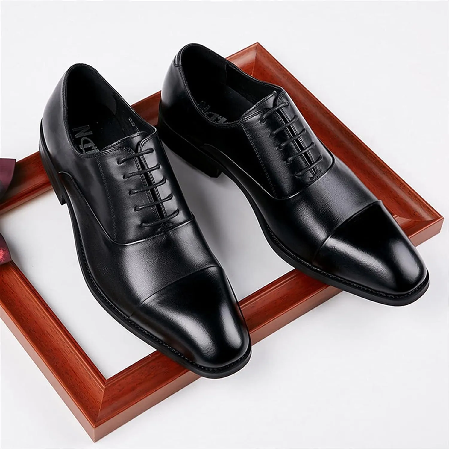 Dress Shoes for Men Lace Up Cap Toe Breathable Round Toe Genuine Leather Rubber Sole Anti-Slip Non Slip Block Heel Party