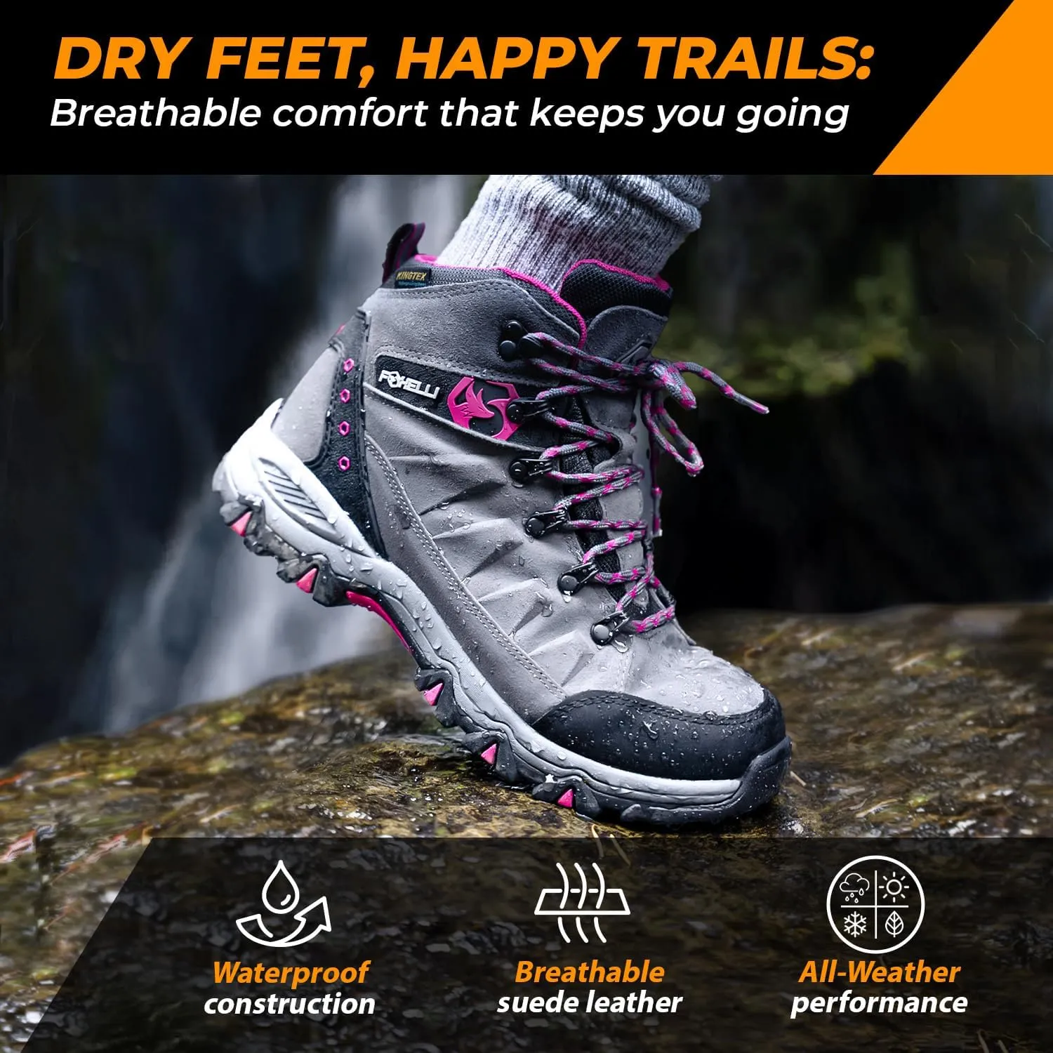 Foxelli Womens Hiking Boots - Waterproof Lightweight & Breathable Suede Leather
