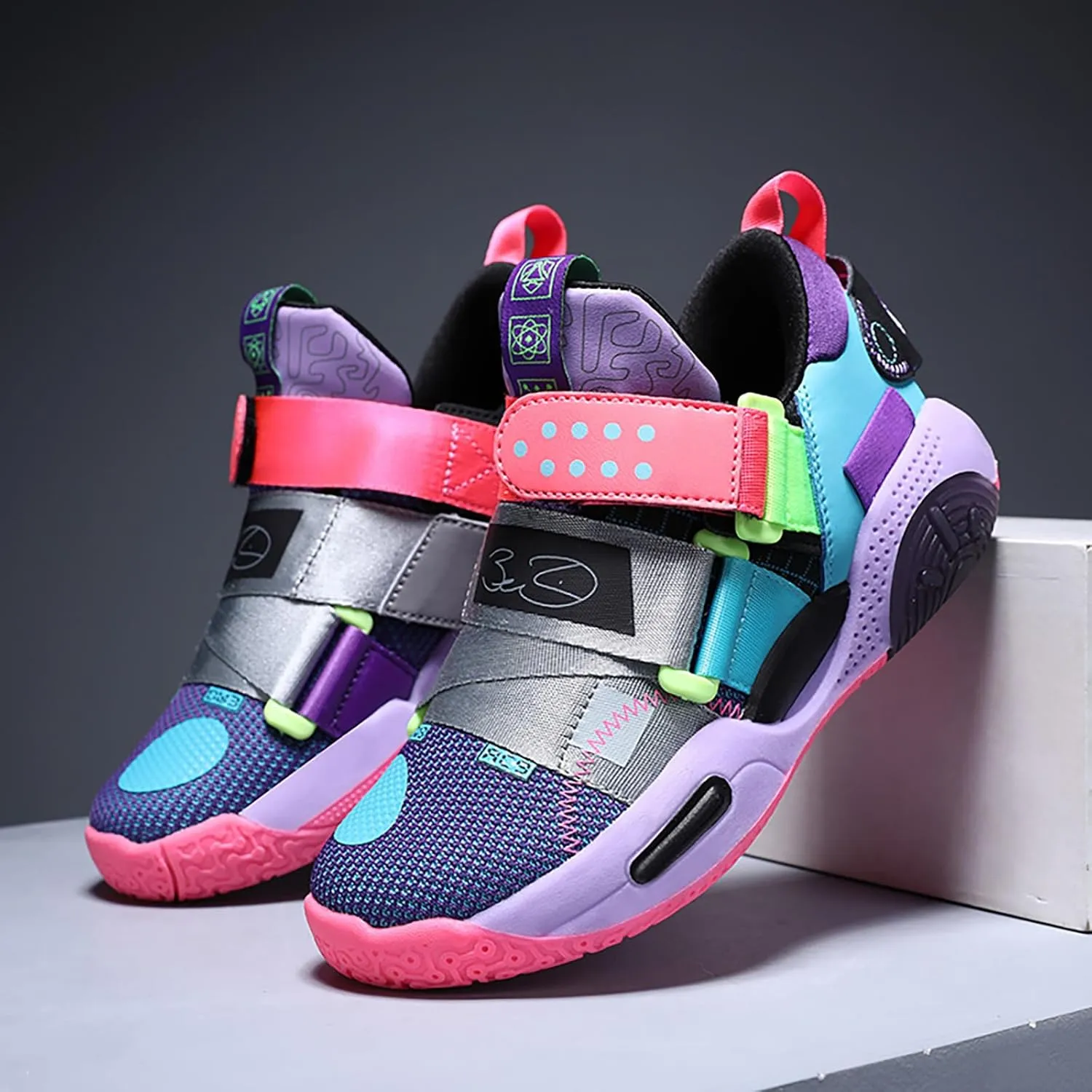 Kids Basketball Shoes Boys Girls Sneakers Durable Sports Shoes Hook-Loop Breathable Outdoor School Trainers for Little Kids Big Kids Youth