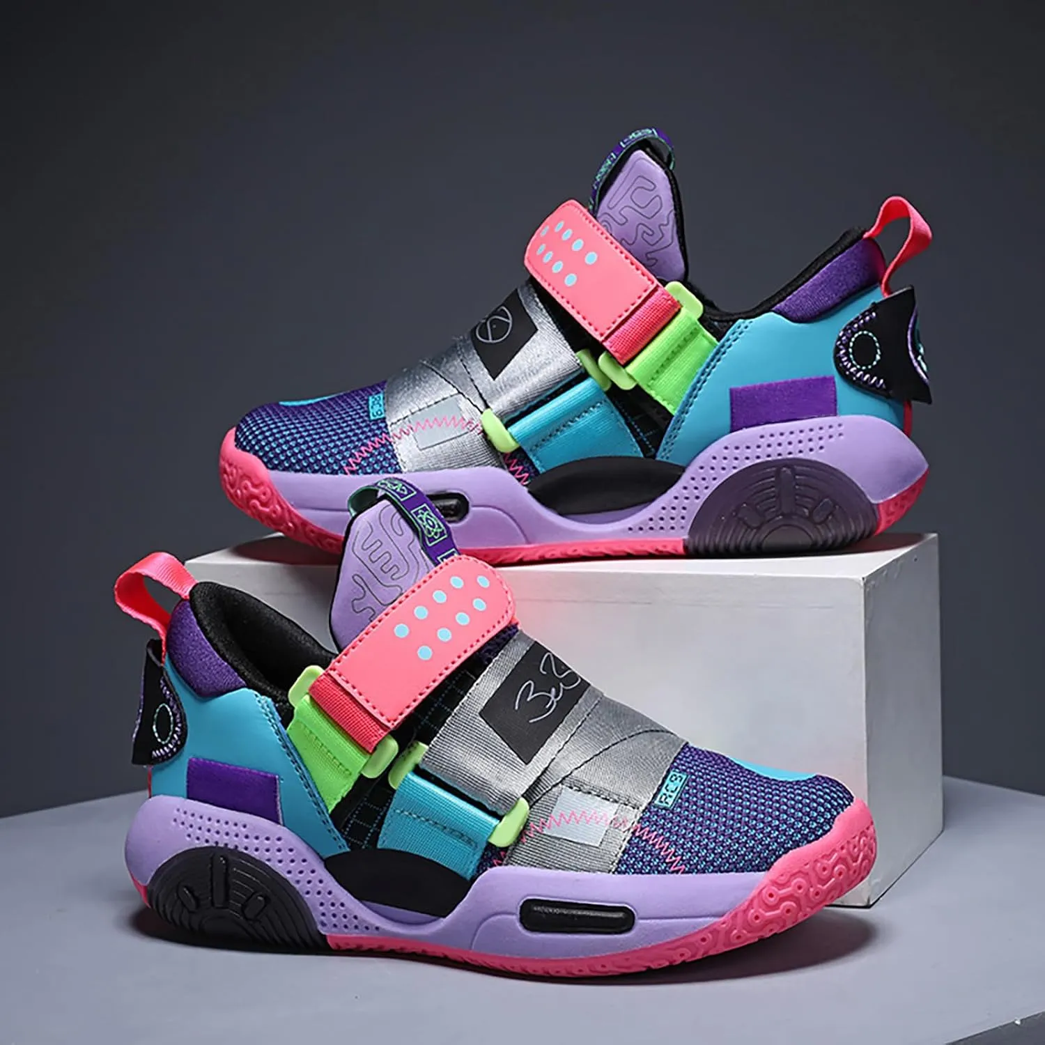 Kids Basketball Shoes Boys Girls Sneakers Durable Sports Shoes Hook-Loop Breathable Outdoor School Trainers for Little Kids Big Kids Youth