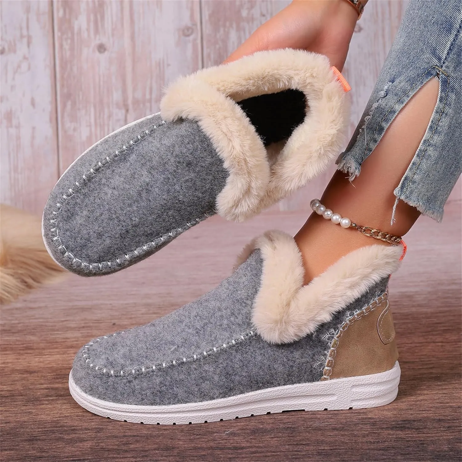 Ladmiple Booties For Women 2024 Snow Warm Ankle Boots Comfortable Slip On Outdoor Fur Lined Thickening Walking Winter Shoes