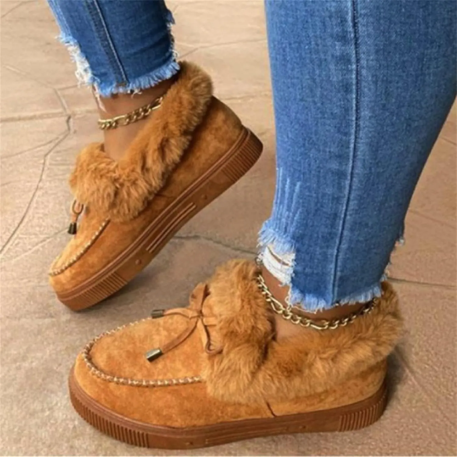 Ladmiple Boots for Women Ankle Booties with Fur Snow Boots Warm Comfortable Slip On Outdoor Walking Winter Shoes for Women