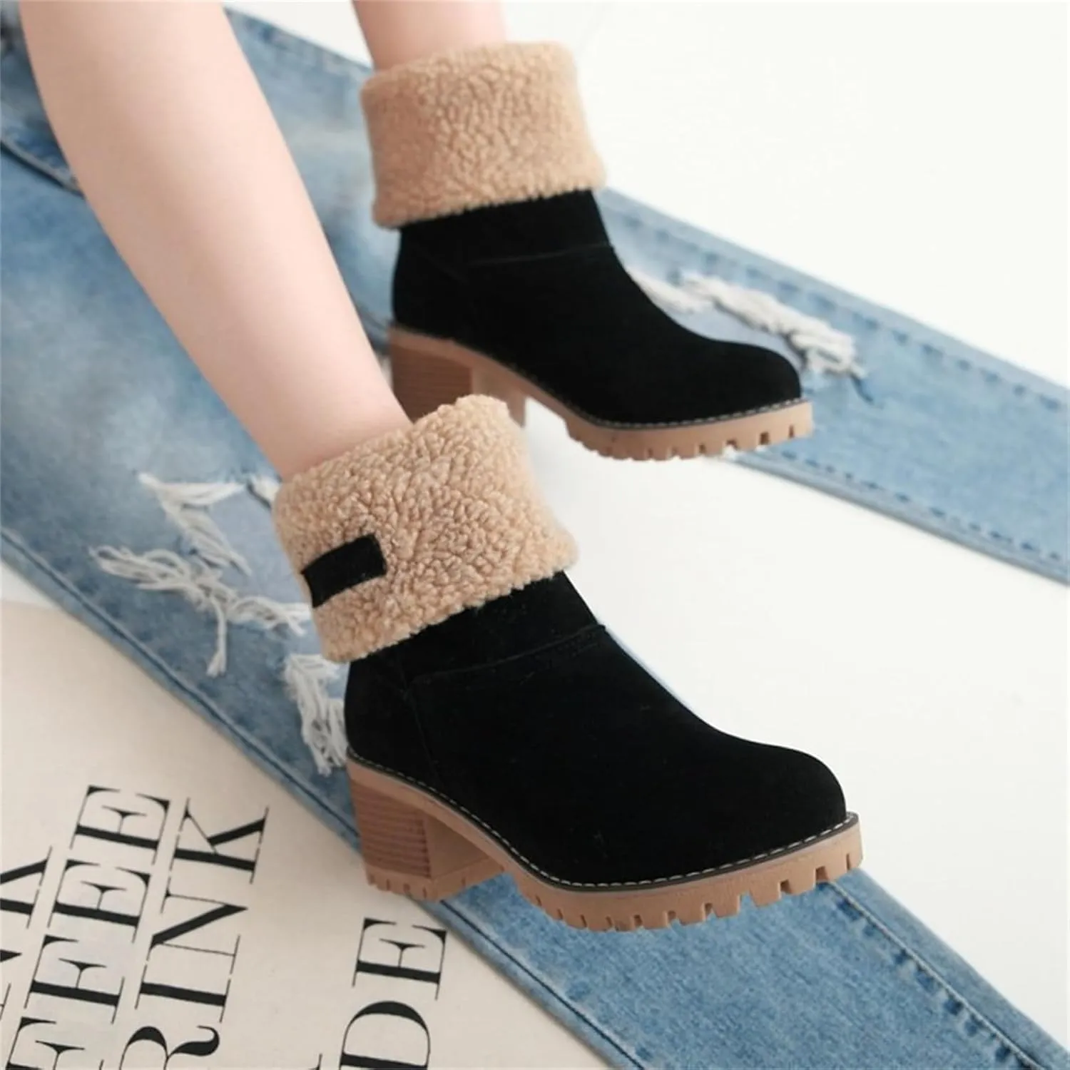Ladmiple Winter Boots For Women Tall Mid Calf Warm Fur Lined Snow Boots Outdoor Fashion Comfortable Slip On Walking Shoes