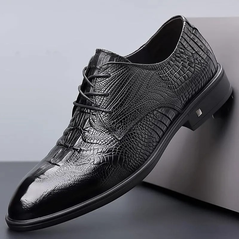 Luxury Men's Alligator Texture Wingtip Oxfords - Business Casual Dress Shoes Wedding Prom Formal Attire Cushioned Insole Rubber Sole Black/Red
