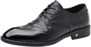 Luxury Men's Alligator Texture Wingtip Oxfords - Business Casual Dress Shoes Wedding Prom Formal Attire Cushioned Insole Rubber Sole Black/Red