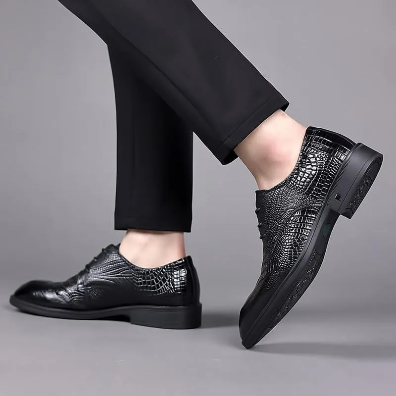 Luxury Men's Alligator Texture Wingtip Oxfords - Business Casual Dress Shoes Wedding Prom Formal Attire Cushioned Insole Rubber Sole Black/Red