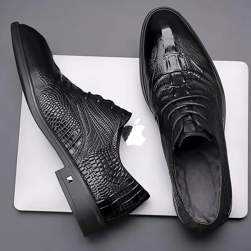 Luxury Men's Alligator Texture Wingtip Oxfords - Business Casual Dress Shoes Wedding Prom Formal Attire Cushioned Insole Rubber Sole Black/Red