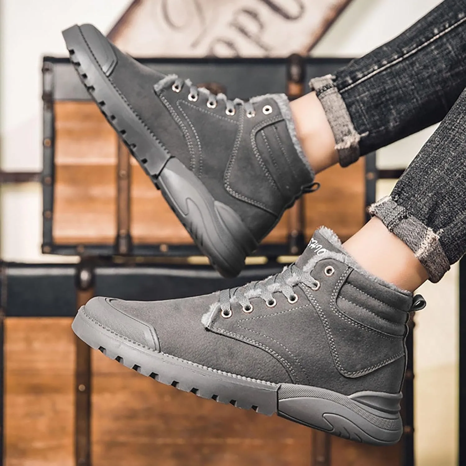 Men Work Boots with Zipper Hiking Sneakers with Warm Fur Lining Workout Shoes for Women Waterproof Waterproof Outdoor Shoes Lightweight Hike Grounded Footwear