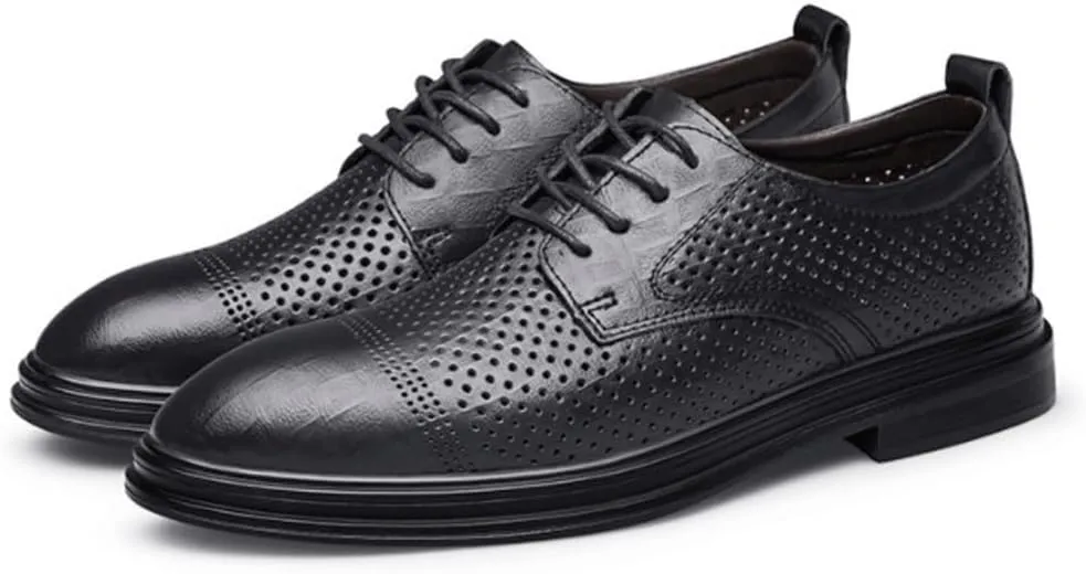 Mens Breathable Oxford Dress Shoes Hollow Leather Lace Up Round Toe Non Slip Formal Party Comfortable Lightweight