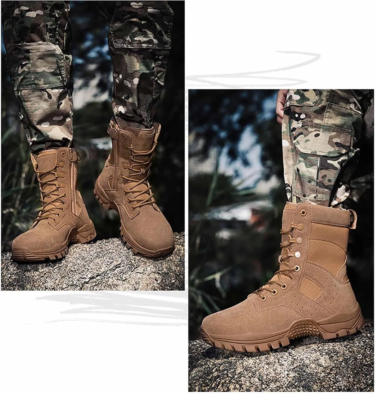 Men's Combat Boots, Tactical Hiking Boots for Men Side Zipper Desert Jungle Boots Army Work Boots Durable Suede Leather Military Work Boots
