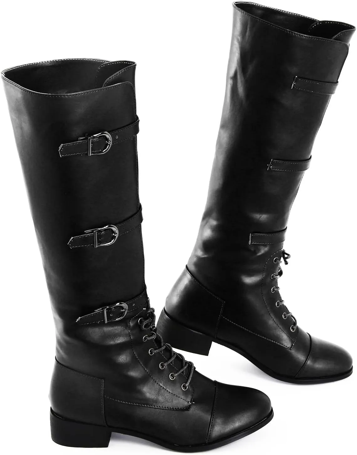 Men's Europe and The United States Round Head Large Size Square Heel Boots Lace Up Boots Belt Buckle Mens Boots Size