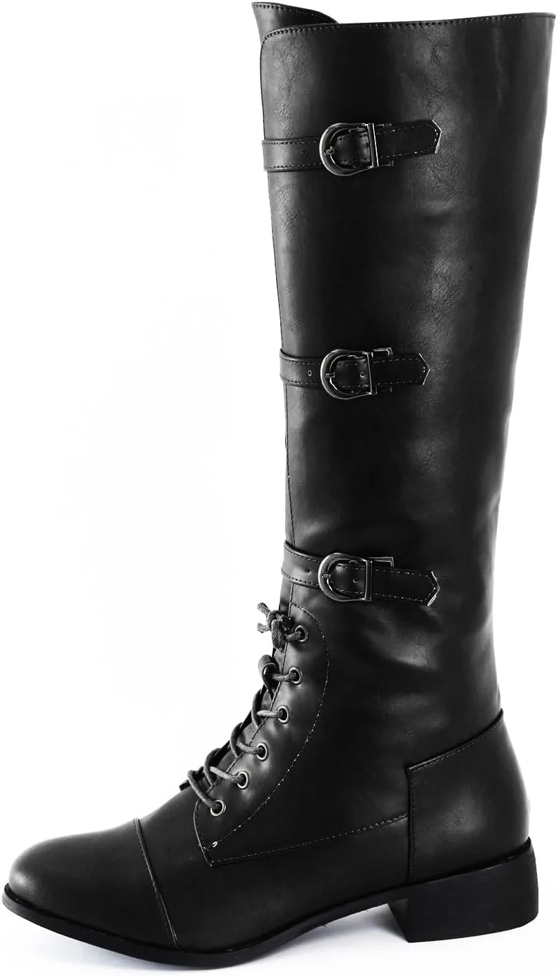 Men's Europe and The United States Round Head Large Size Square Heel Boots Lace Up Boots Belt Buckle Mens Boots Size