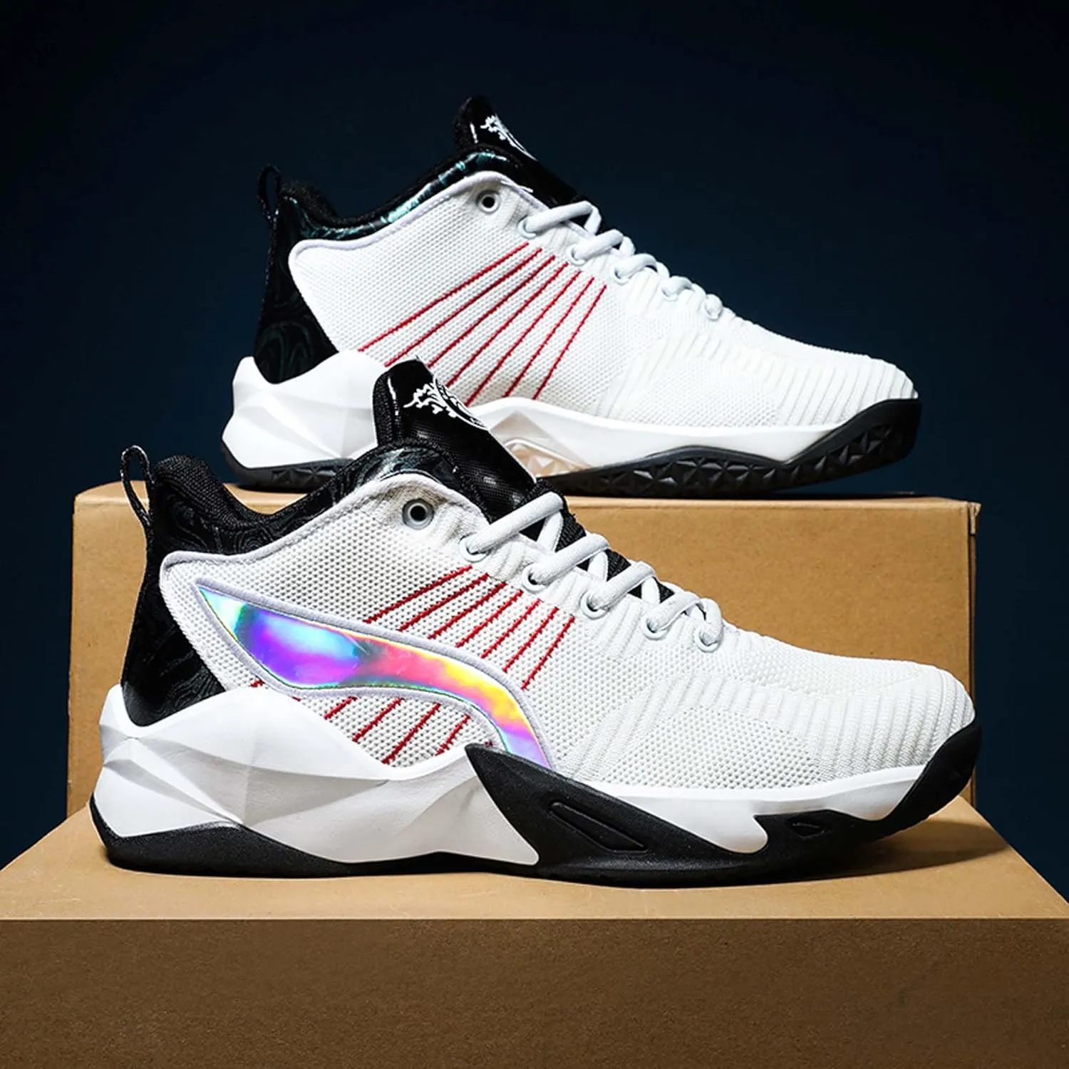 Men's Fashion Basketball Shoes Breathable Mesh Sports Running Shoes Outdoor Fashion Sneakers Lightweight Non-Slip Rubber Outsole Casual Walking Sneakers