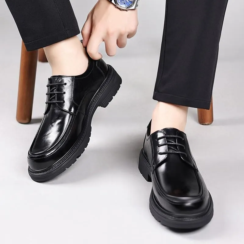 Men's Genuine Leather Lace-Up Oxfords Comfort Wide Round Toe Non-Slip Dress Shoes for Men