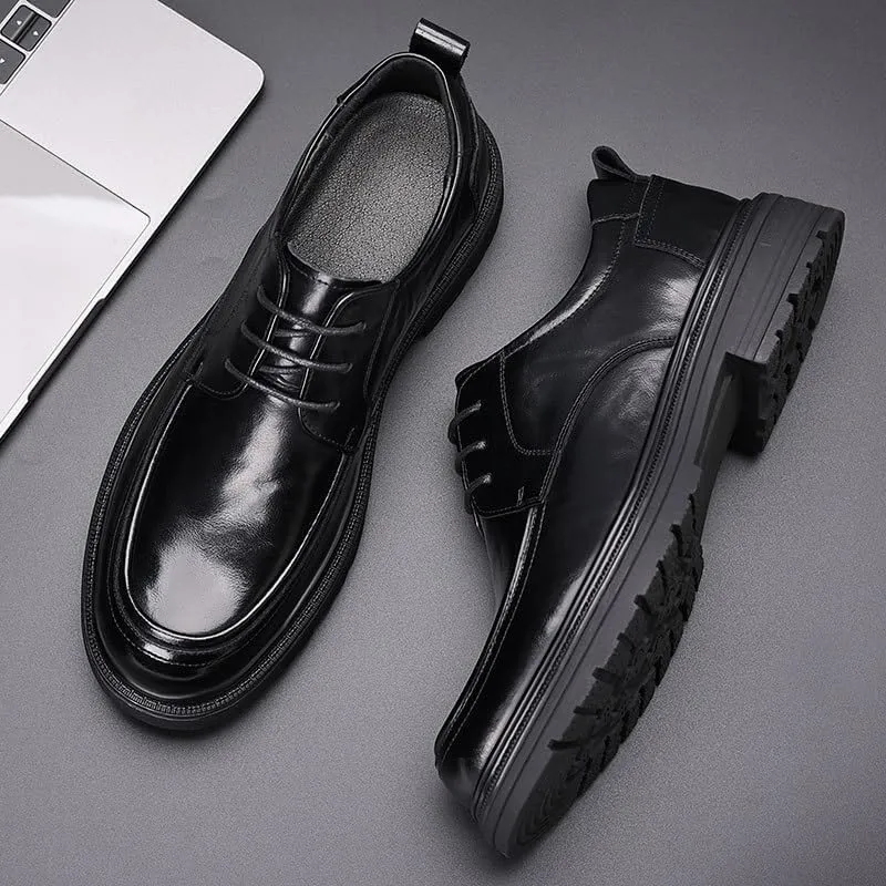 Men's Genuine Leather Lace-Up Oxfords Comfort Wide Round Toe Non-Slip Dress Shoes for Men