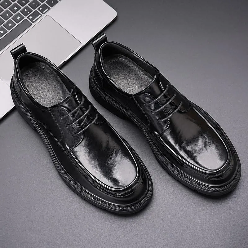 Men's Genuine Leather Lace-Up Oxfords Comfort Wide Round Toe Non-Slip Dress Shoes for Men