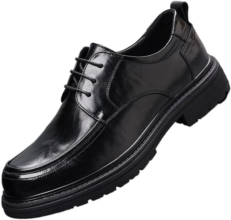 Men's Genuine Leather Lace-Up Oxfords Comfort Wide Round Toe Non-Slip Dress Shoes for Men