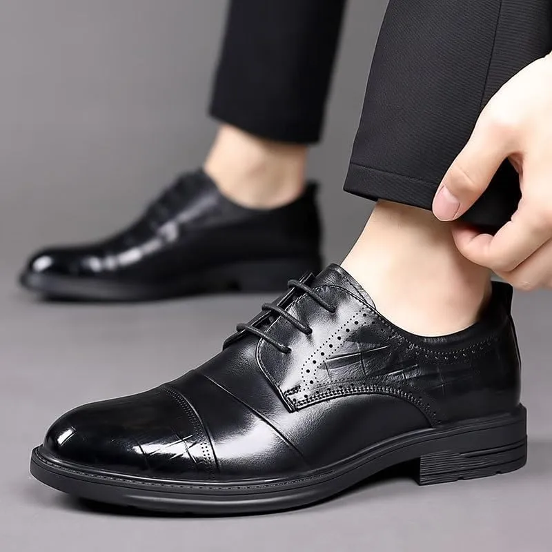 Men's Genuine Leather Platform Oxfords Classic Lace-up Formal Tuxedo Derby Shoes for Wedding Evening Uniform Party Office Dress Shoes