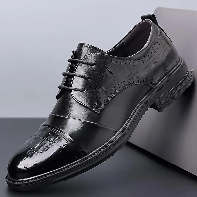Men's Genuine Leather Platform Oxfords Classic Lace-up Formal Tuxedo Derby Shoes for Wedding Evening Uniform Party Office Dress Shoes