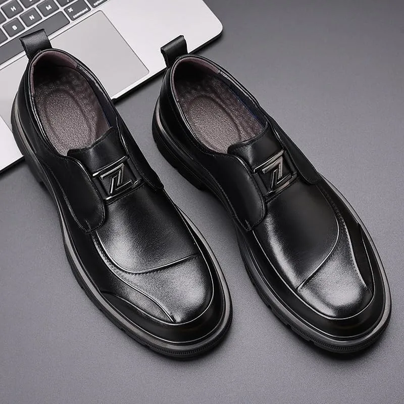 Men's Genuine Leather Platform Slip-On Oxfords Men Handmade Leather Modern Classic Lined Perforated Dress Shoes