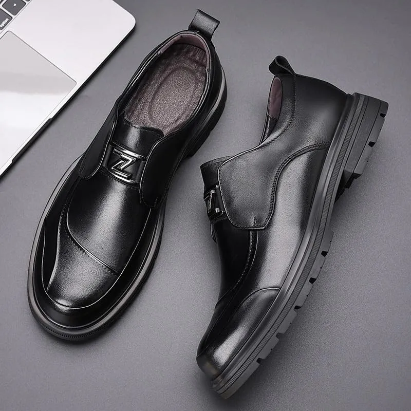 Men's Genuine Leather Platform Slip-On Oxfords Men Handmade Leather Modern Classic Lined Perforated Dress Shoes