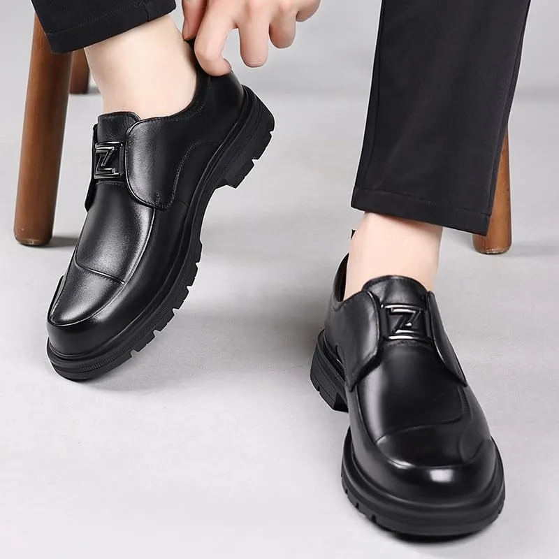 Men's Genuine Leather Platform Slip-On Oxfords Men Handmade Leather Modern Classic Lined Perforated Dress Shoes