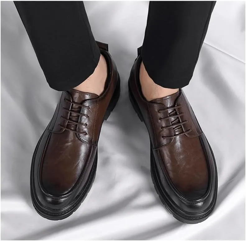 Men's Genuine Leather Platform Slip-On Oxfords Office Working Derby Shoes Business Formal Wedding Party Shoes