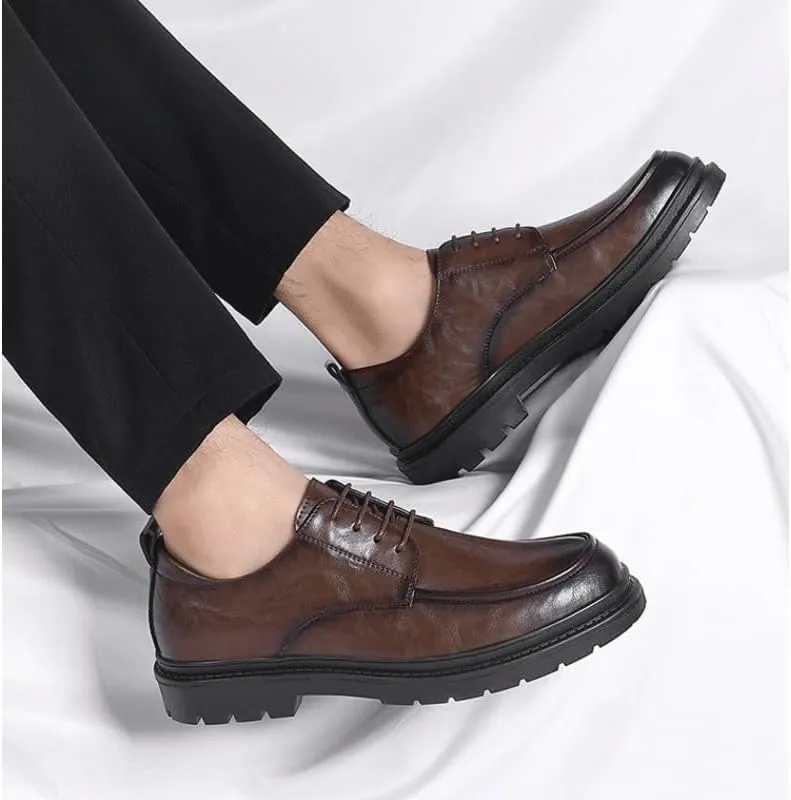 Men's Genuine Leather Platform Slip-On Oxfords Office Working Derby Shoes Business Formal Wedding Party Shoes