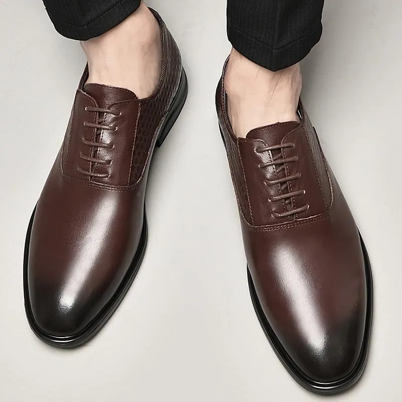 Men's Leather Dress Shoes Fashion Classic Pointed Toe Low Oxfords Shoes Modern Wedding Office Lace-Up Loafers Shoes for Men