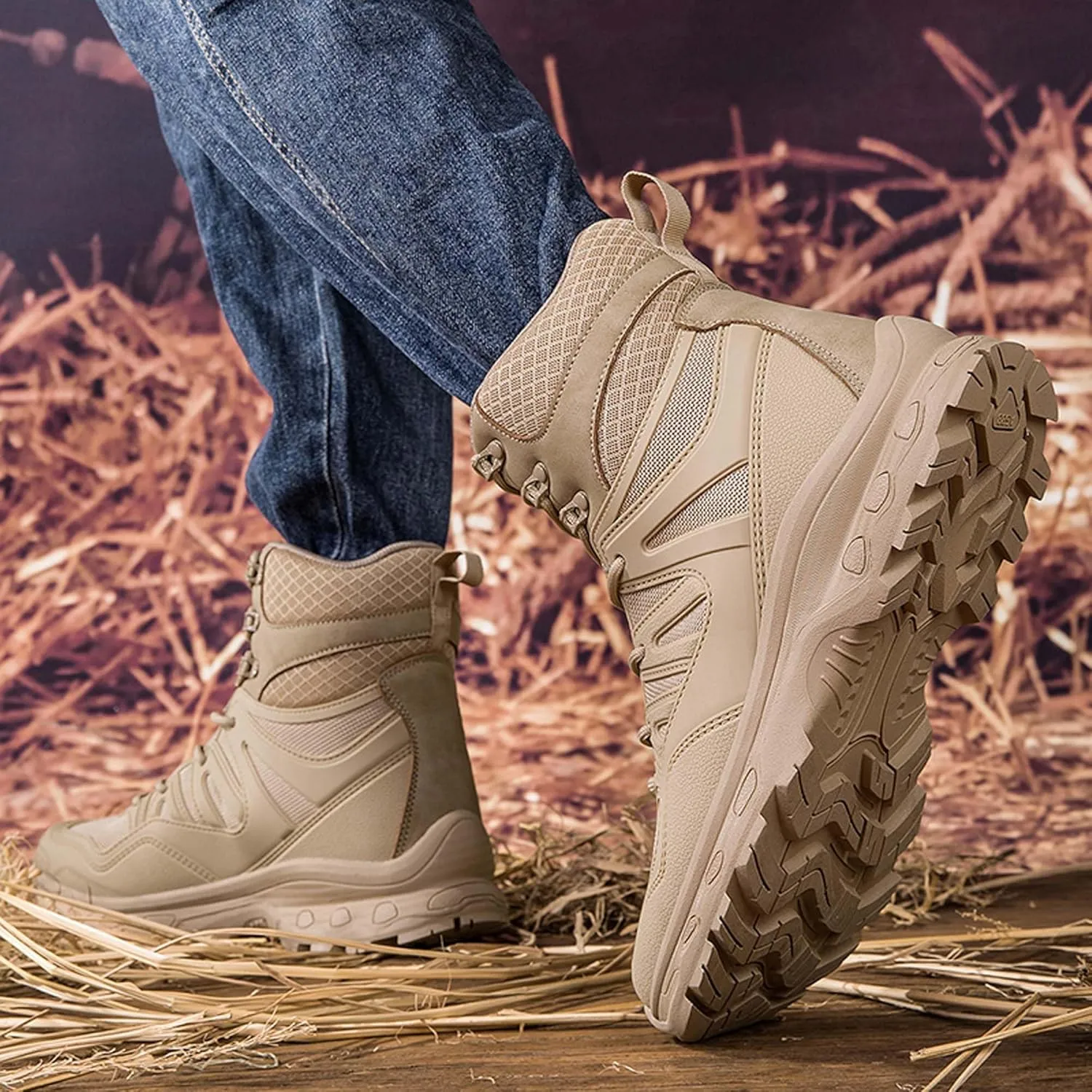 Men's Waterproof Anti-slip Wear-resistant Hiking Boots Military Training Boots Outdoor Hiking Breathable Boots high-top Lace-up Combat Boots Comfortable Work Boots