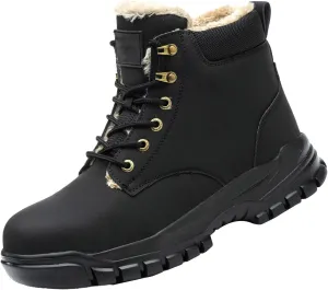 Mens Work Boots Steel Toe Hiking Sneakers with Warm Fur Lining Workout Shoes for Women with Zipper Waterproof Outdoor Shoes Lightweight Hike Grounded Footwear