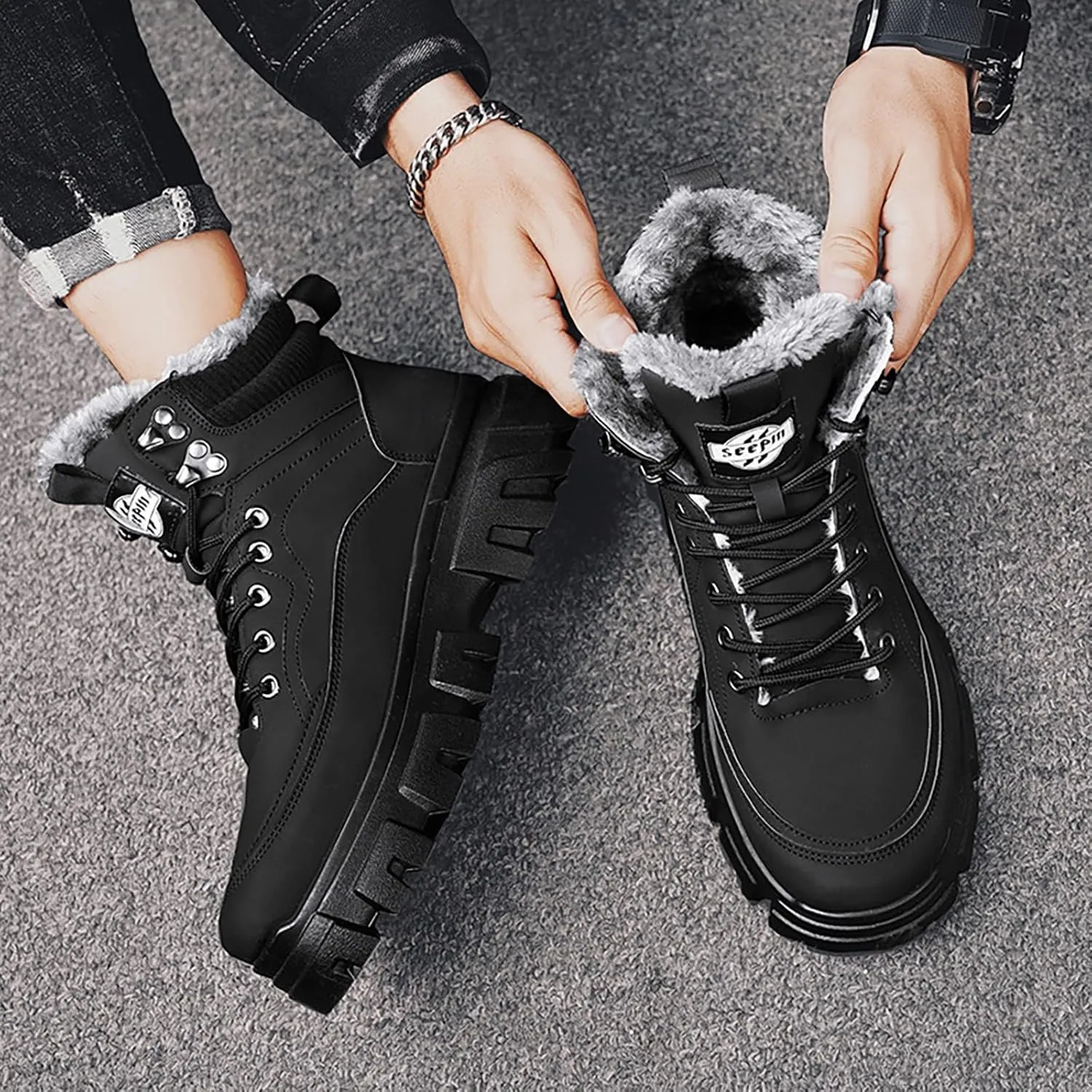 Mens Work Boots Wide Width Hiking Sneakers Fur Lined Ankle Boot Working Shoes for Women Steel Toe Waterproof Outdoor Shoes Lightweight Hike Grounded Footwear