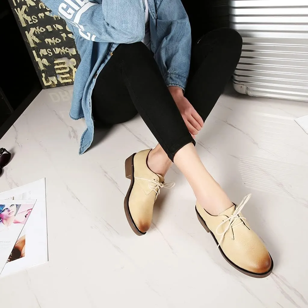 MIOKE Women's Classic Flat Saddle Oxford Shoes Lace Up Wingtip Perforated Low Heel Vintage School Brogues