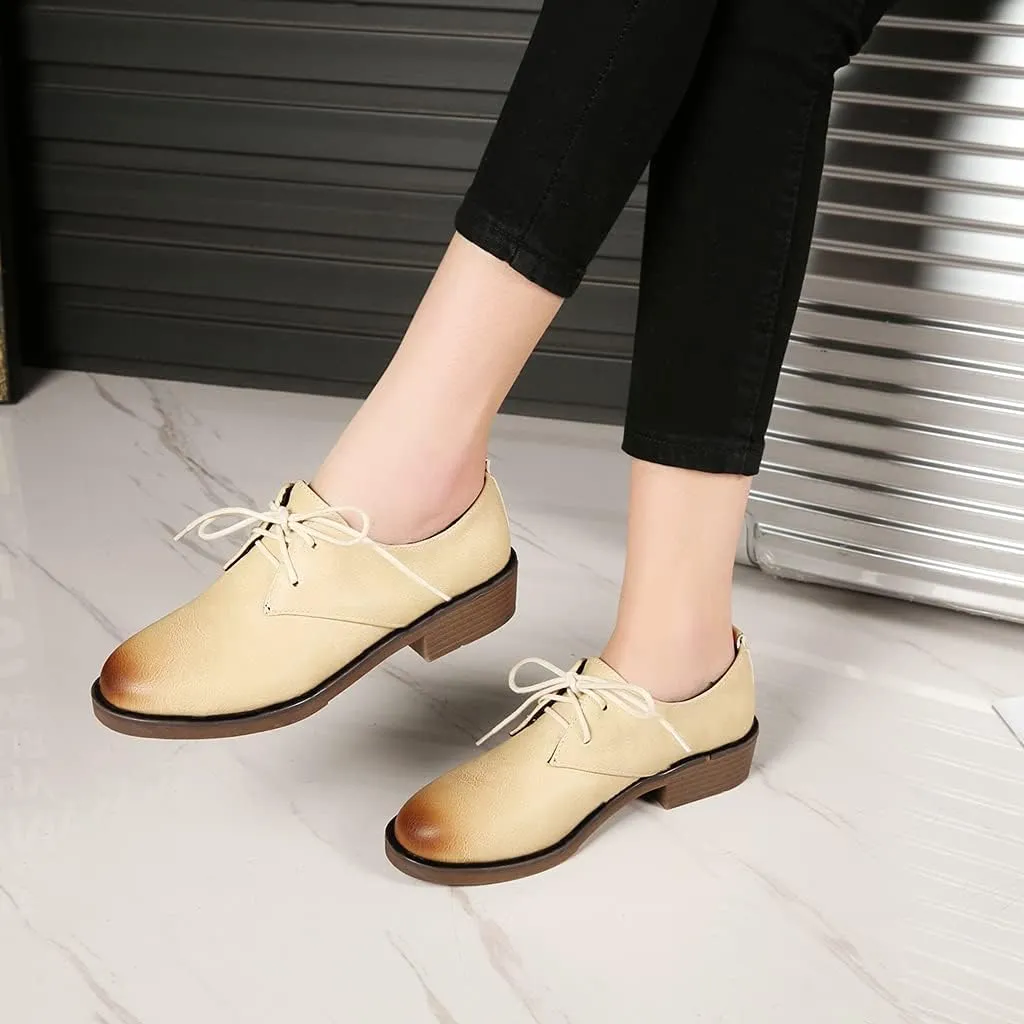 MIOKE Women's Classic Flat Saddle Oxford Shoes Lace Up Wingtip Perforated Low Heel Vintage School Brogues