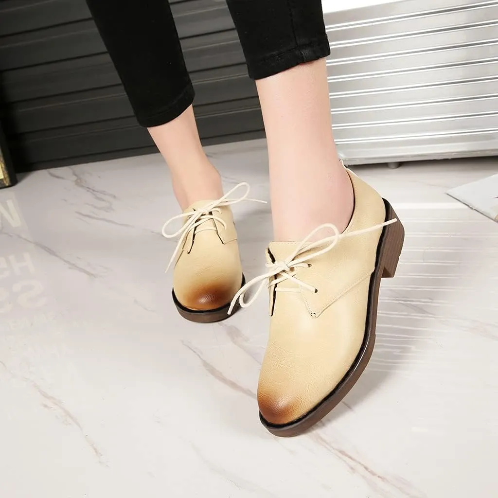 MIOKE Women's Classic Flat Saddle Oxford Shoes Lace Up Wingtip Perforated Low Heel Vintage School Brogues