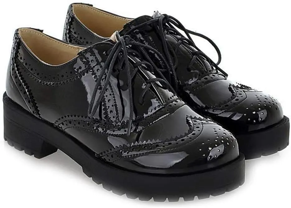 MIOKE Women's Two Tone Lace Up Oxfords Shoes Patent Leather Round Toe Comfy Low Heel Classic Oxford Brogues