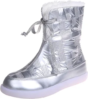 oiangi Flat Snow Boots for Women Fashion Round Toe Cutout Lace up Platform Mid Calf Boots Winter Plush Keeps Warm Comfortable Casual Shoes
