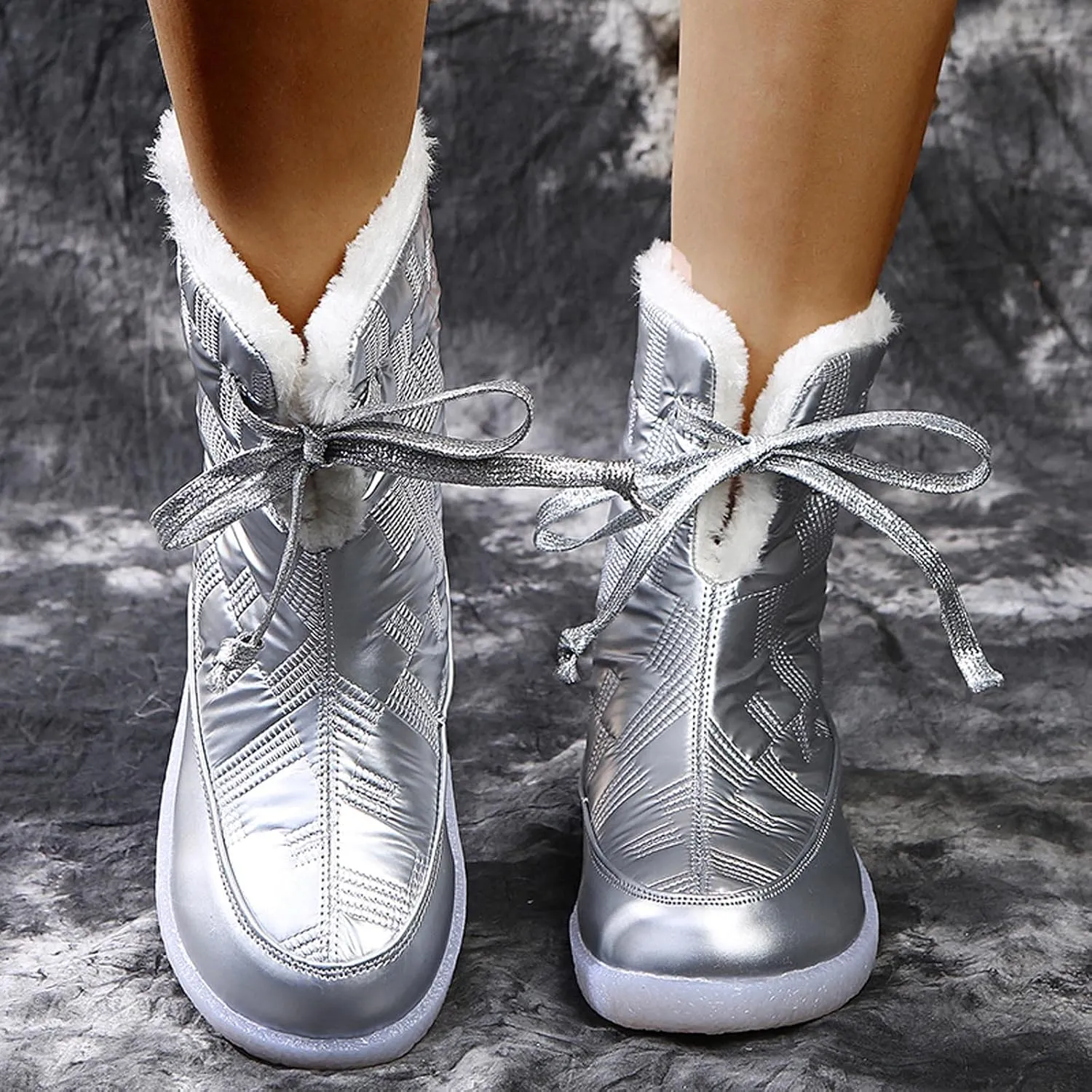 oiangi Flat Snow Boots for Women Fashion Round Toe Cutout Lace up Platform Mid Calf Boots Winter Plush Keeps Warm Comfortable Casual Shoes