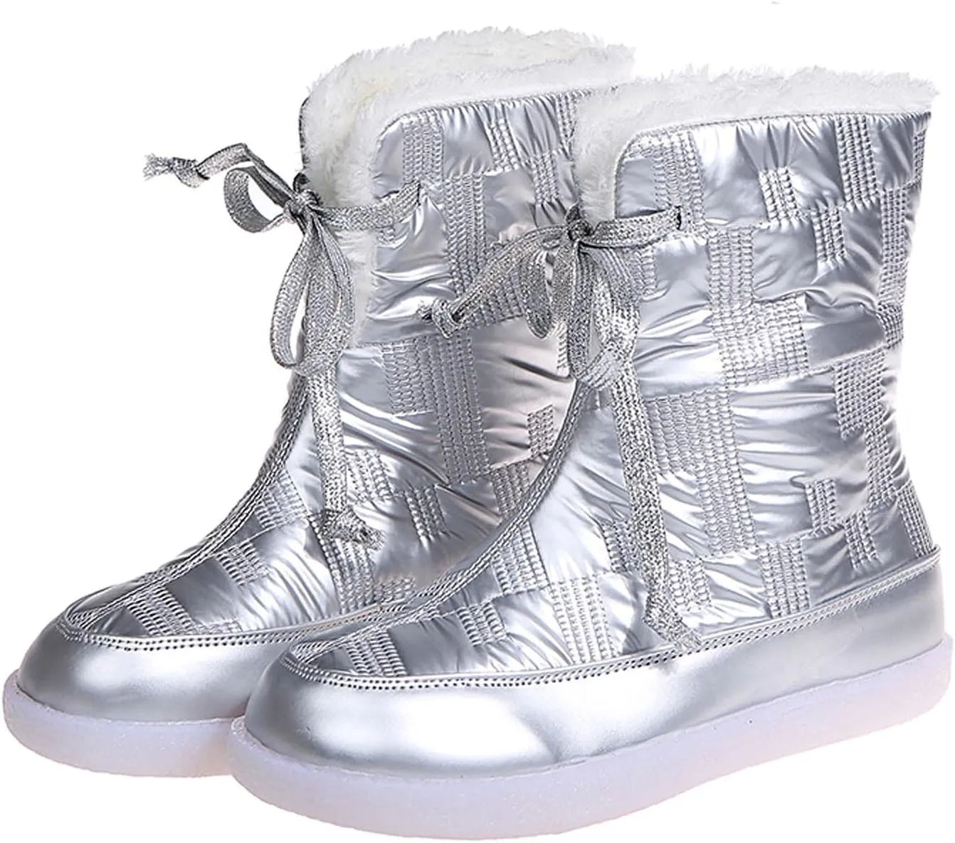 oiangi Flat Snow Boots for Women Fashion Round Toe Cutout Lace up Platform Mid Calf Boots Winter Plush Keeps Warm Comfortable Casual Shoes