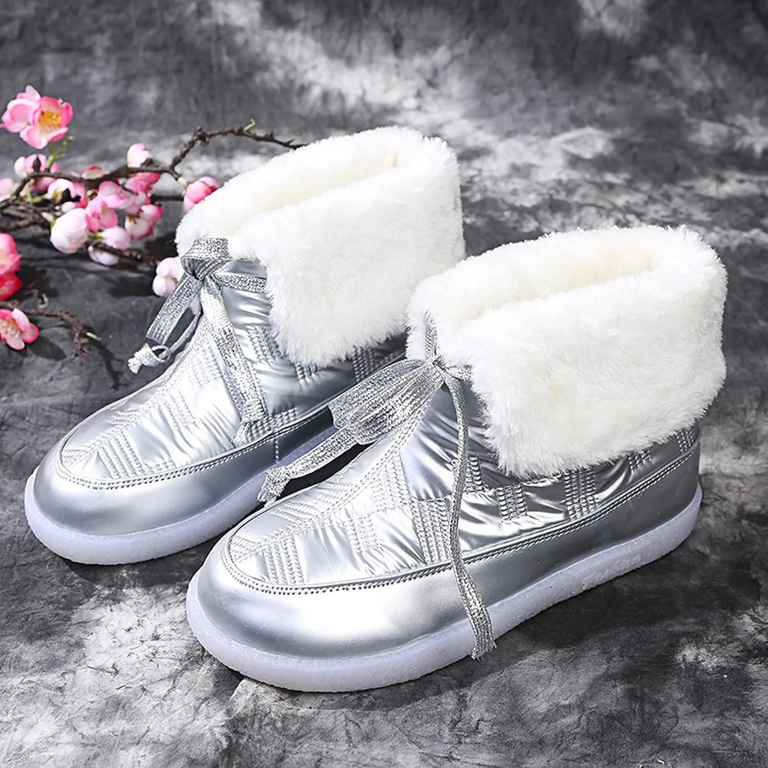 oiangi Flat Snow Boots for Women Fashion Round Toe Cutout Lace up Platform Mid Calf Boots Winter Plush Keeps Warm Comfortable Casual Shoes