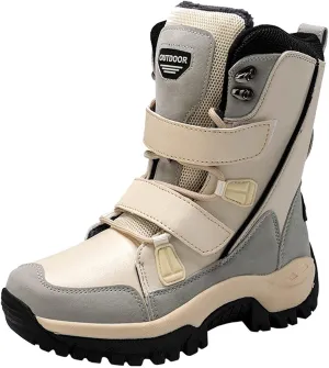 oiangi Women's Mid-Calf Platform Snow Boots Winter Fashion Round Toe Magic Buckle Thick Plush Strap Long Boots Comfortable Plus Velvet Outdoor Shoes