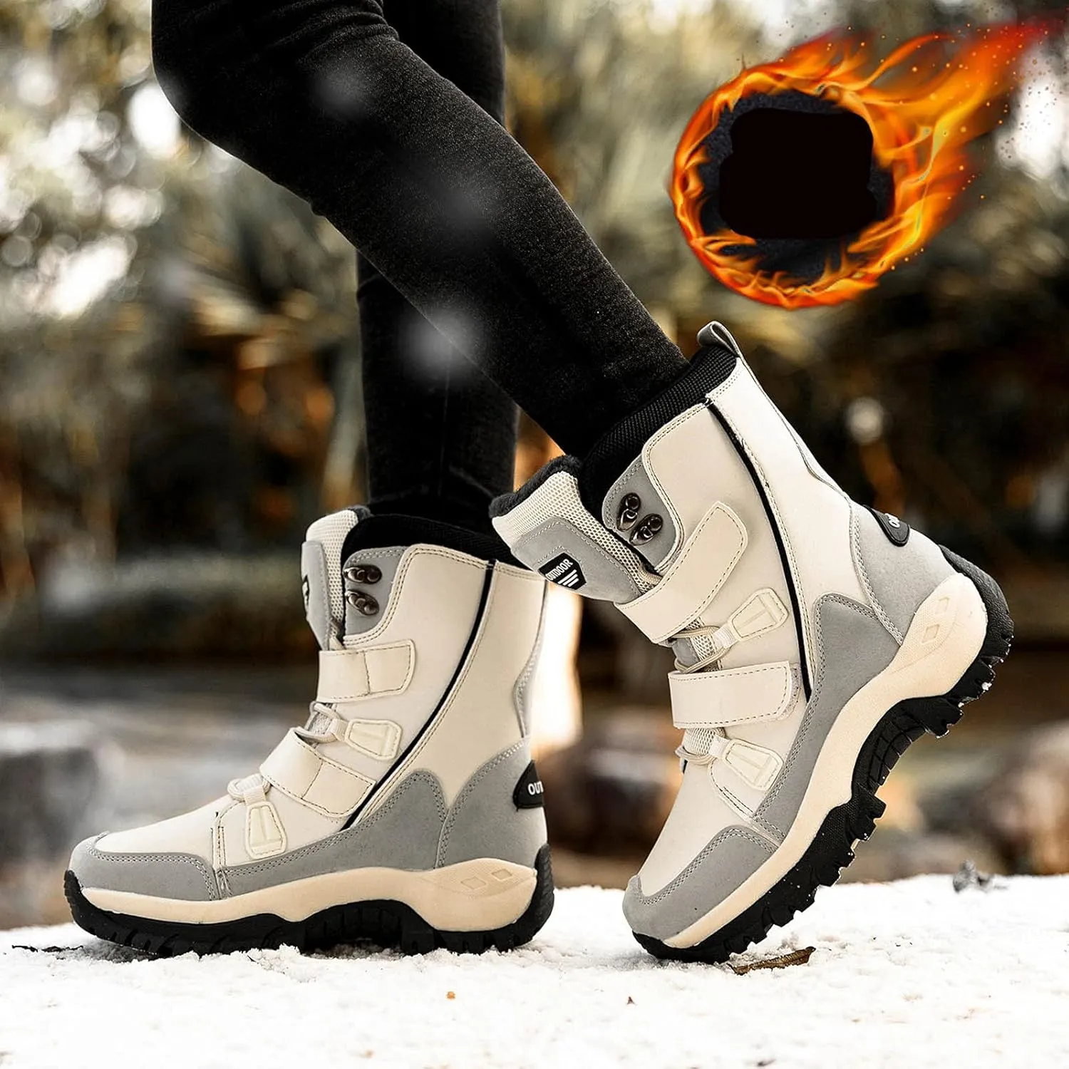 oiangi Women's Mid-Calf Platform Snow Boots Winter Fashion Round Toe Magic Buckle Thick Plush Strap Long Boots Comfortable Plus Velvet Outdoor Shoes