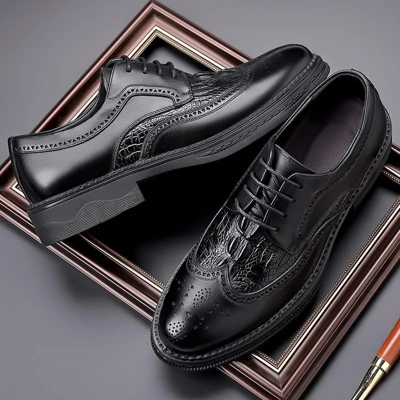 Premium Alligator Embossed Brogue Breathable Men's Oxford Dress Shoes - Wingtip Design Business Casual to Formal Wedding Prom Tuxedo Shoes Leather Sole