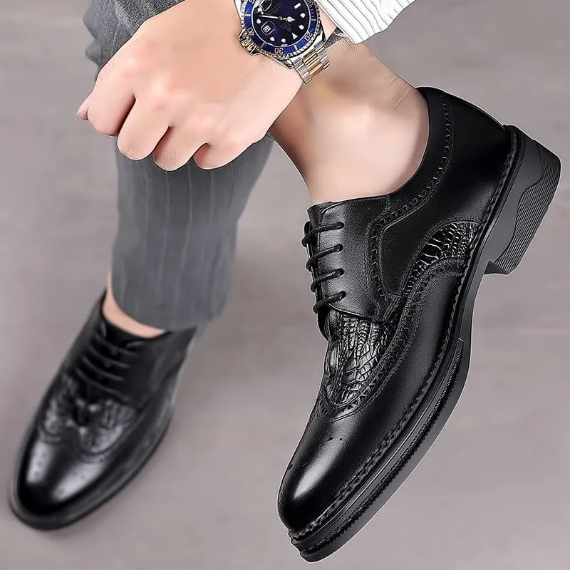Premium Alligator Embossed Brogue Breathable Men's Oxford Dress Shoes - Wingtip Design Business Casual to Formal Wedding Prom Tuxedo Shoes Leather Sole